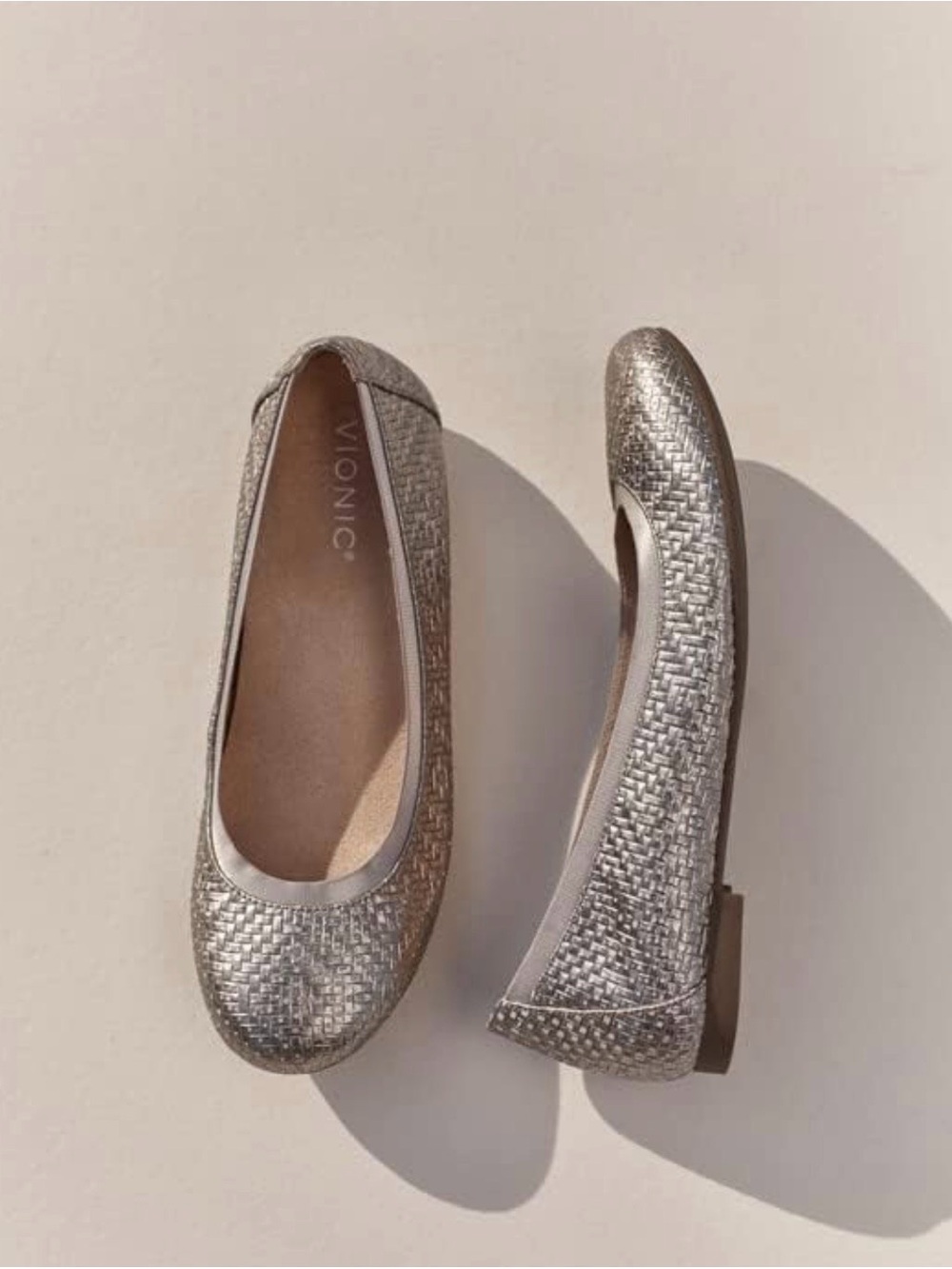 Vionic Woven Metallic Silver Ballet Flats